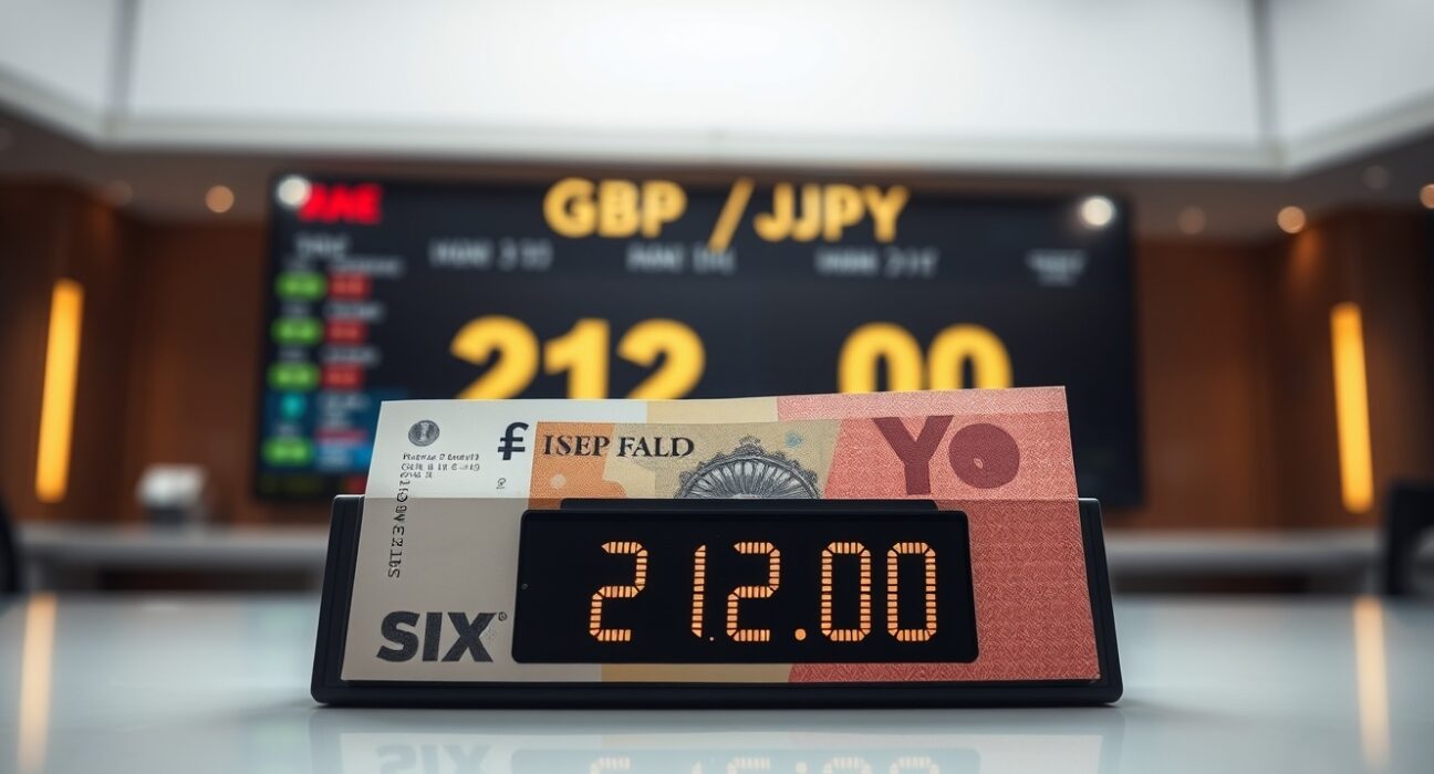 GBP/JPY exchange rate at 212.00 with British Pound and Japanese Yen notes on a desk