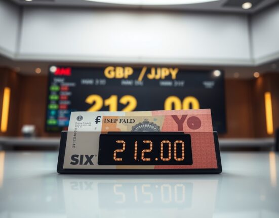 GBP/JPY exchange rate at 212.00 with British Pound and Japanese Yen notes on a desk