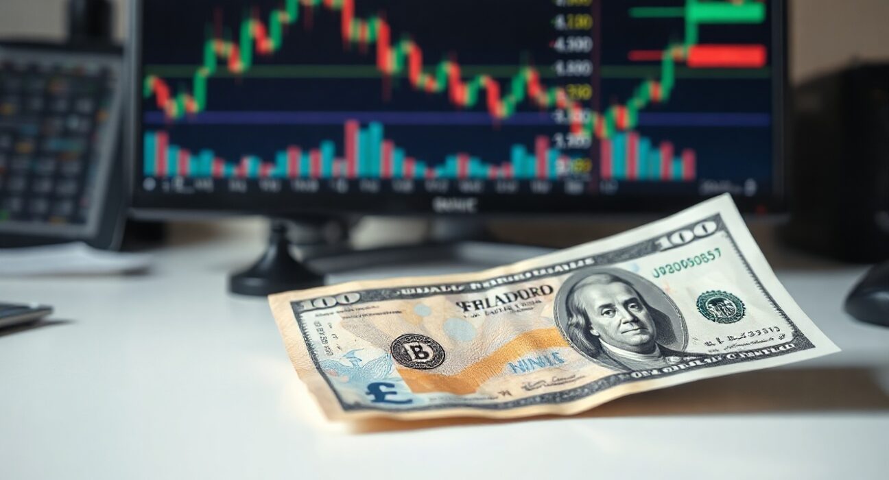 British pound and US dollar banknotes on a desk with financial charts in the background