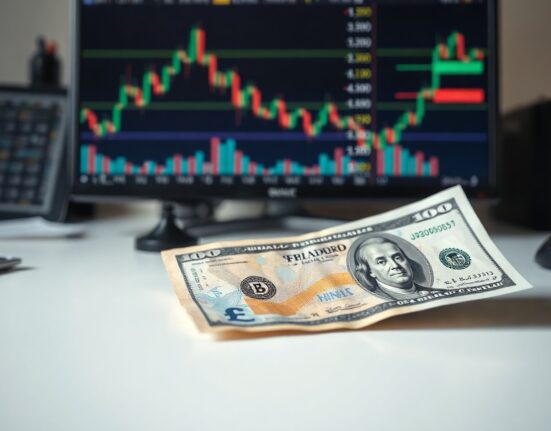 British pound and US dollar banknotes on a desk with financial charts in the background