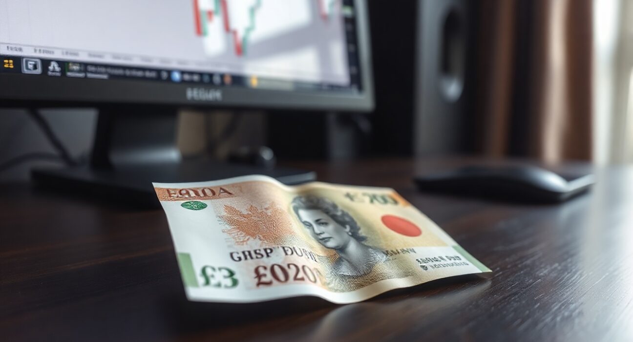 British Pound and Japanese Yen banknotes on a desk with a forex chart in the background