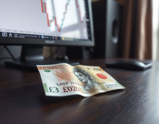 British Pound and Japanese Yen banknotes on a desk with a forex chart in the background