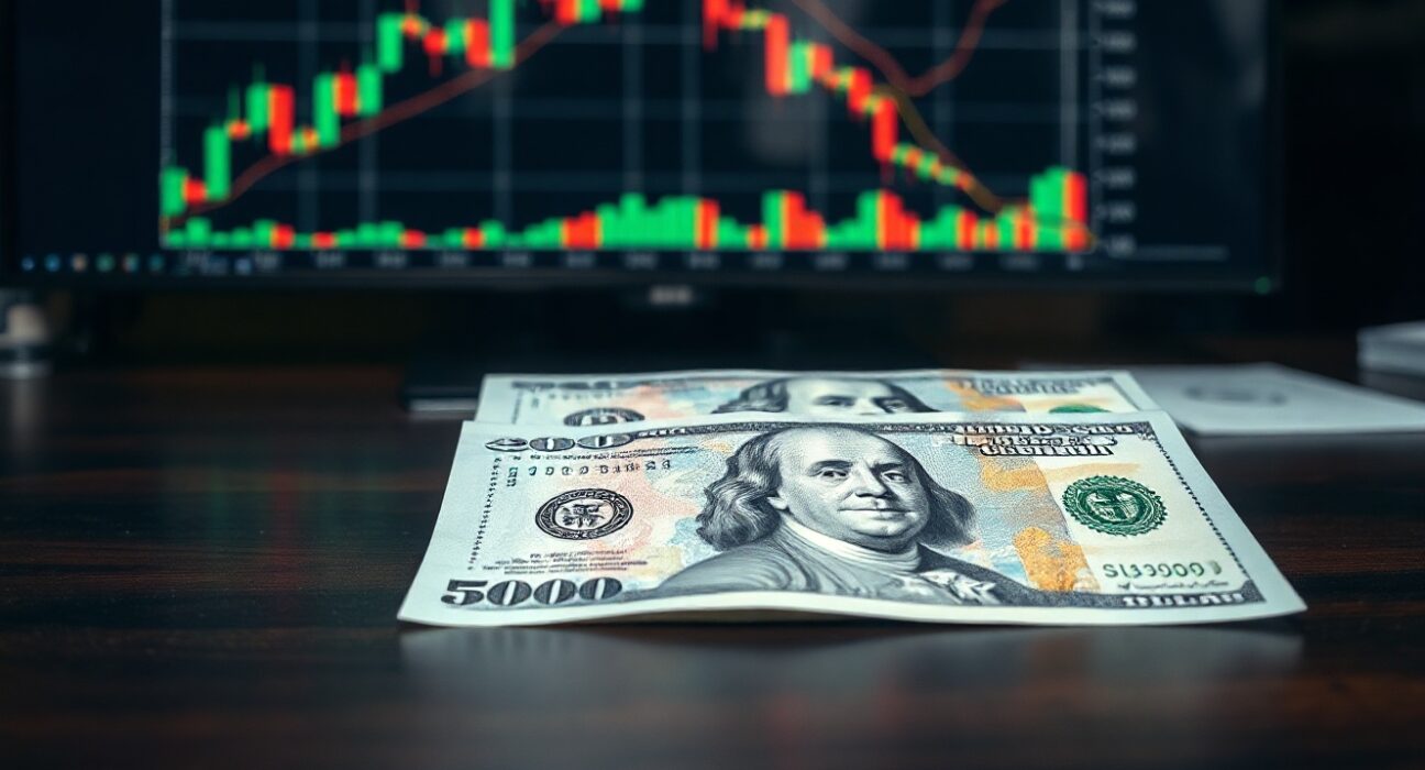 British pound and US dollar banknotes on a trading desk with a chart showing a slight recovery.