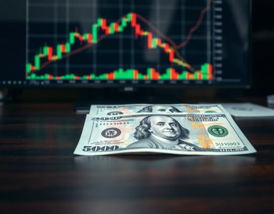 British pound and US dollar banknotes on a trading desk with a chart showing a slight recovery.