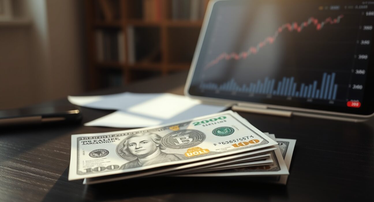 British pound and US dollar banknotes on a desk with a financial chart tablet in the background.