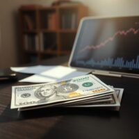 British pound and US dollar banknotes on a desk with a financial chart tablet in the background.