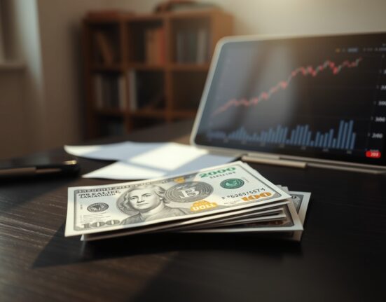 British pound and US dollar banknotes on a desk with a financial chart tablet in the background.