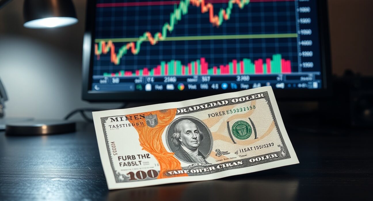 British pound and US dollar banknotes on desk with forex chart on monitor showing GBP/USD recovery above 1.3600
