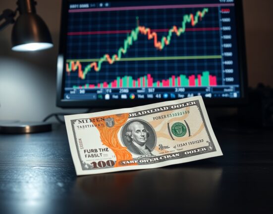 British pound and US dollar banknotes on desk with forex chart on monitor showing GBP/USD recovery above 1.3600