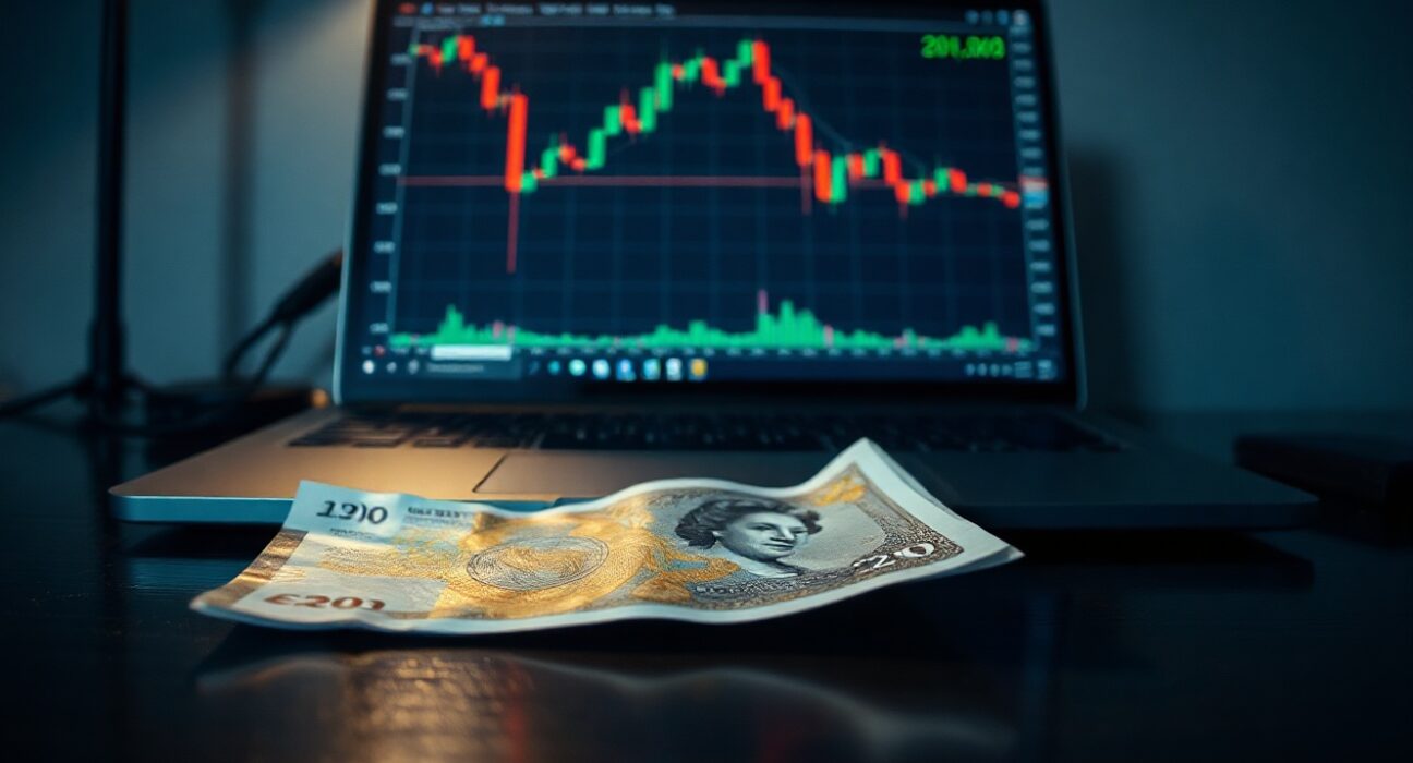 Close-up of a British Pound banknote with a laptop showing a falling chart in the background
