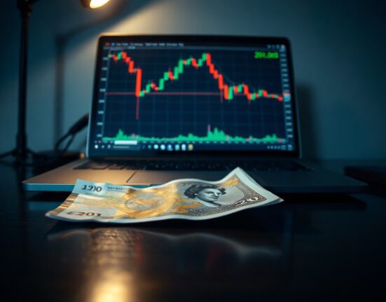 Close-up of a British Pound banknote with a laptop showing a falling chart in the background