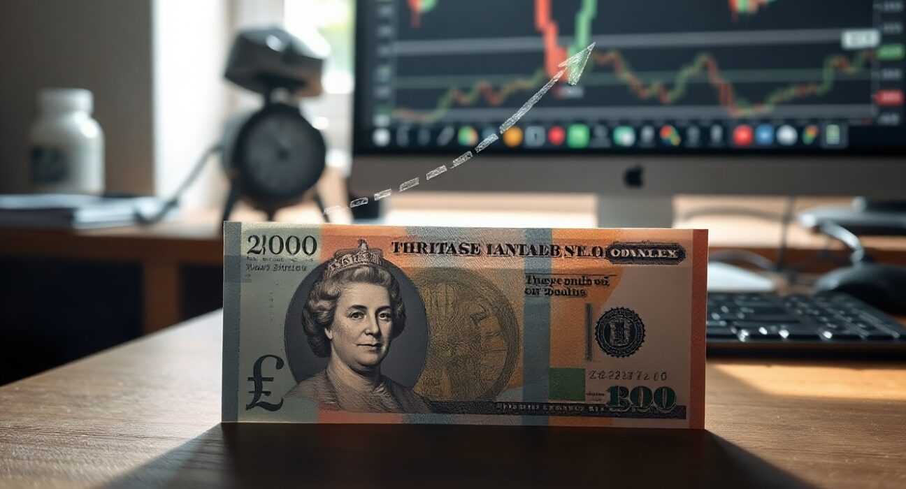 British pound and US dollar banknotes on a desk with a chart in the background, representing forex market analysis.