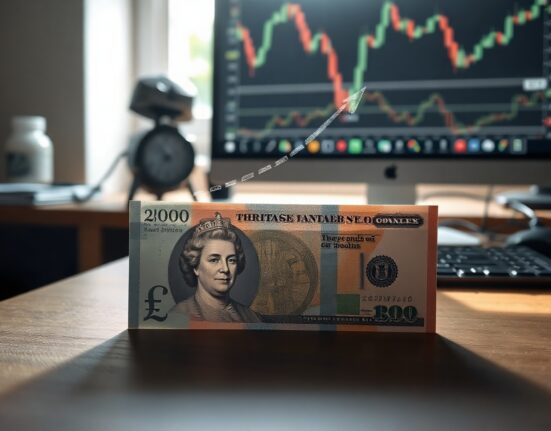 British pound and US dollar banknotes on a desk with a chart in the background, representing forex market analysis.