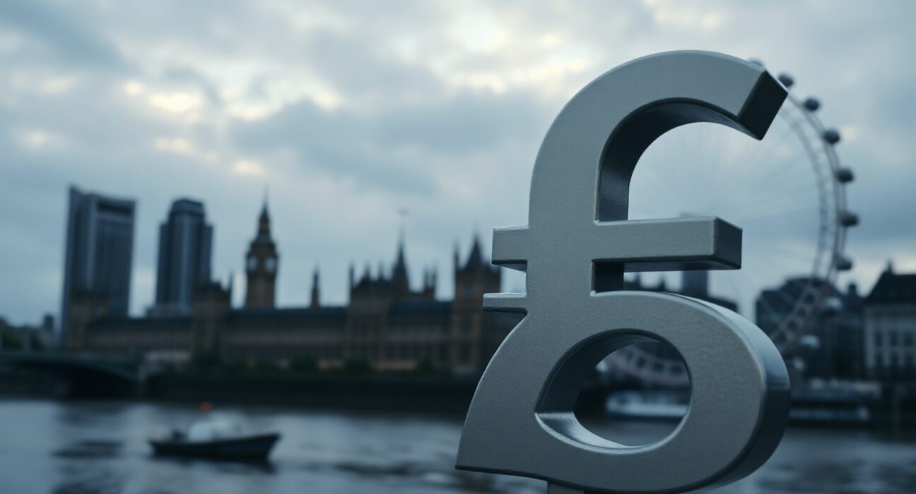 British pound symbol against London skyline at dusk representing currency resilience and political risk