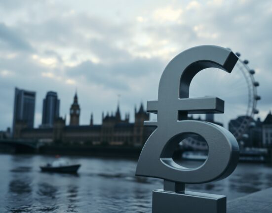 British pound symbol against London skyline at dusk representing currency resilience and political risk