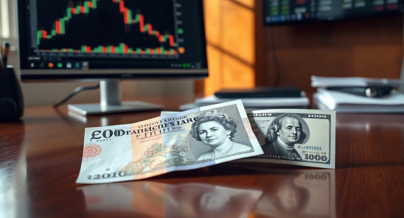 British pound and US dollar banknotes on a desk with a financial chart monitor in the background
