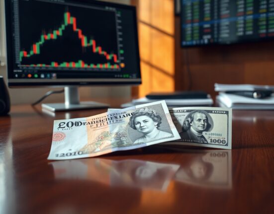 British pound and US dollar banknotes on a desk with a financial chart monitor in the background