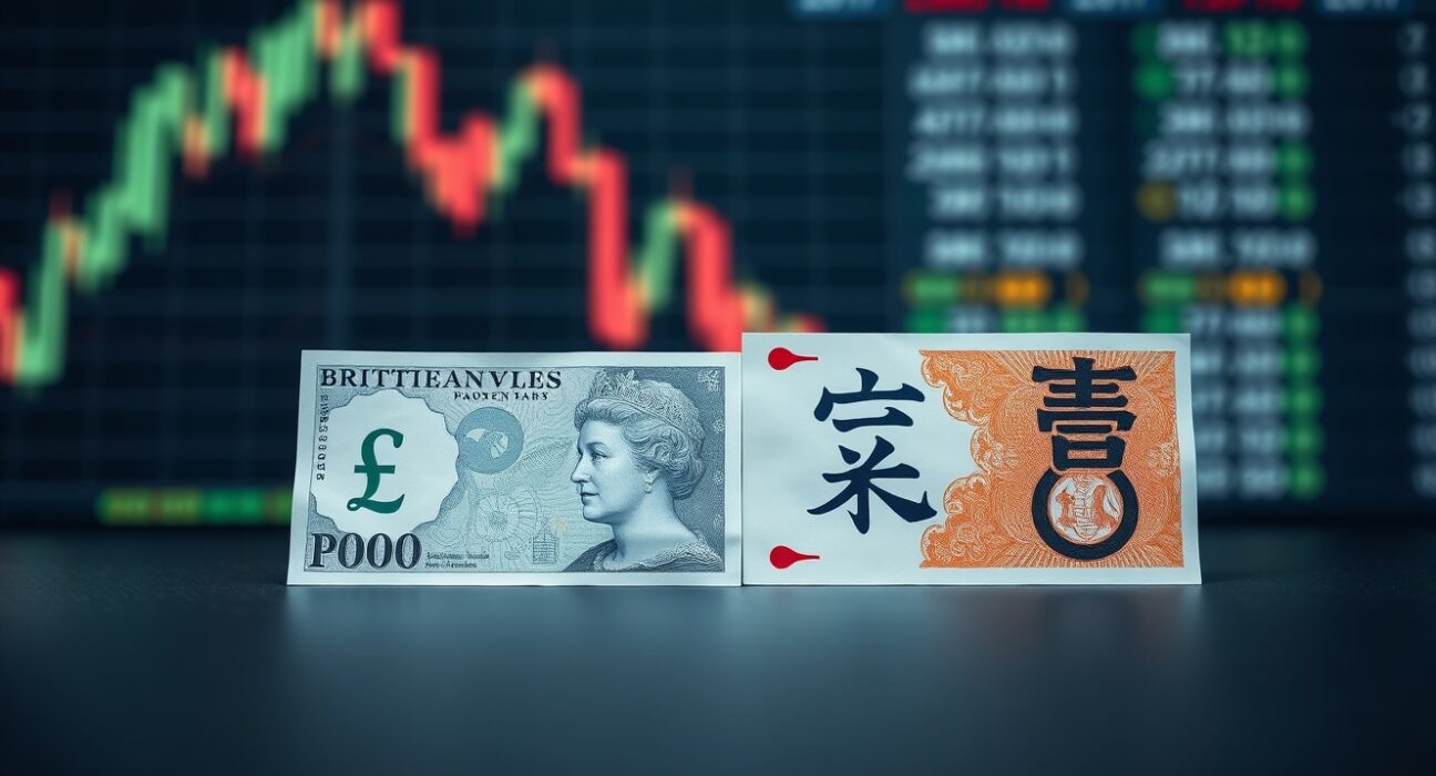 British Pound and Japanese Yen banknotes on a trading desk