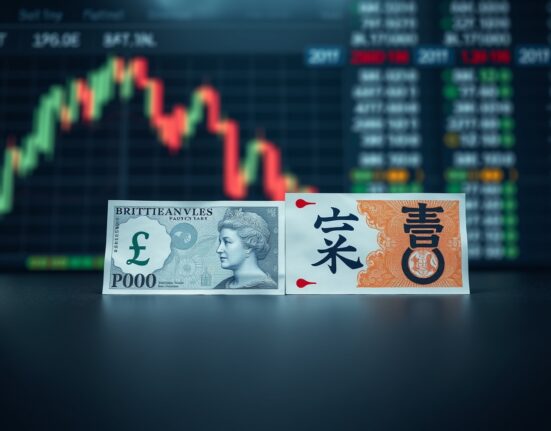 British Pound and Japanese Yen banknotes on a trading desk