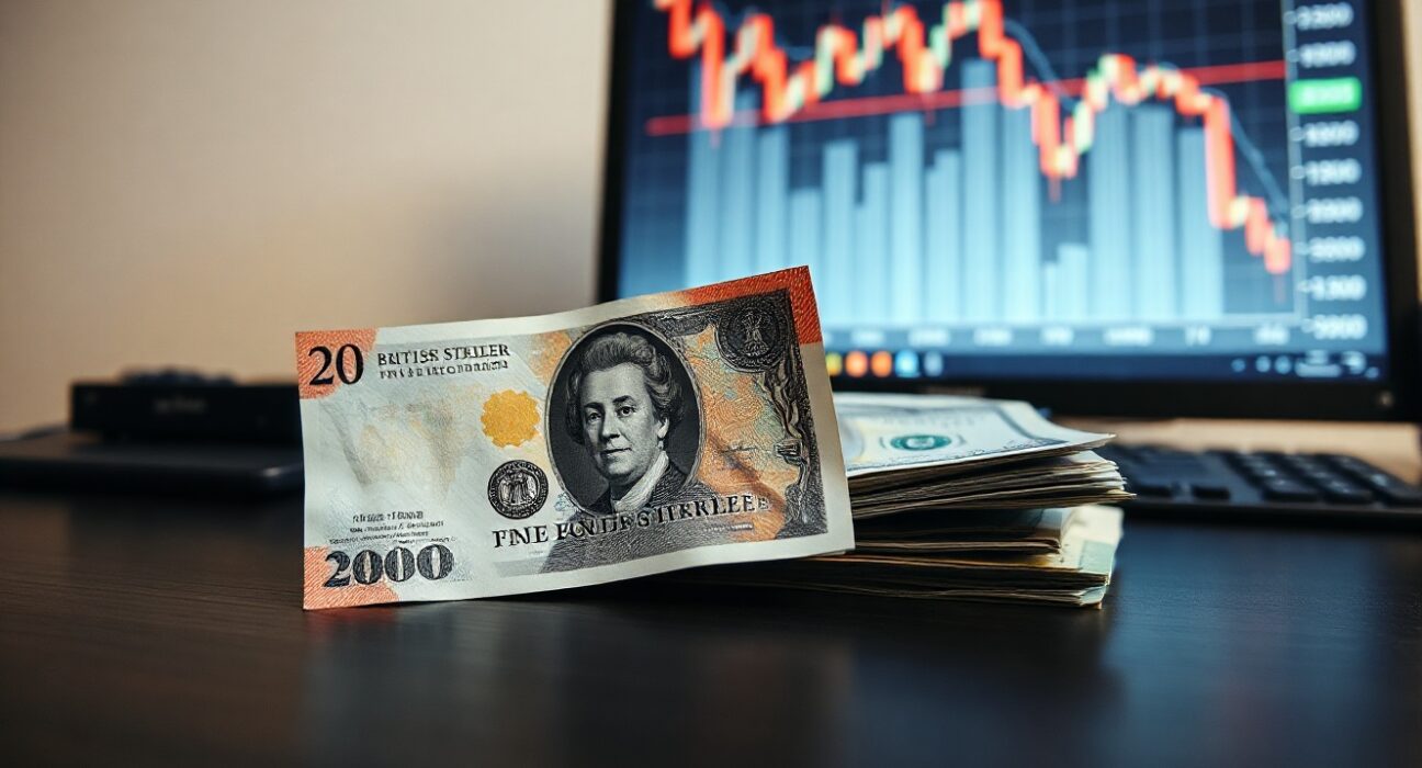 British Pound and US Dollar banknotes on a desk with a financial chart on a monitor in the background.