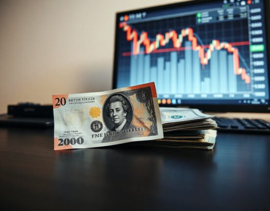 British Pound and US Dollar banknotes on a desk with a financial chart on a monitor in the background.