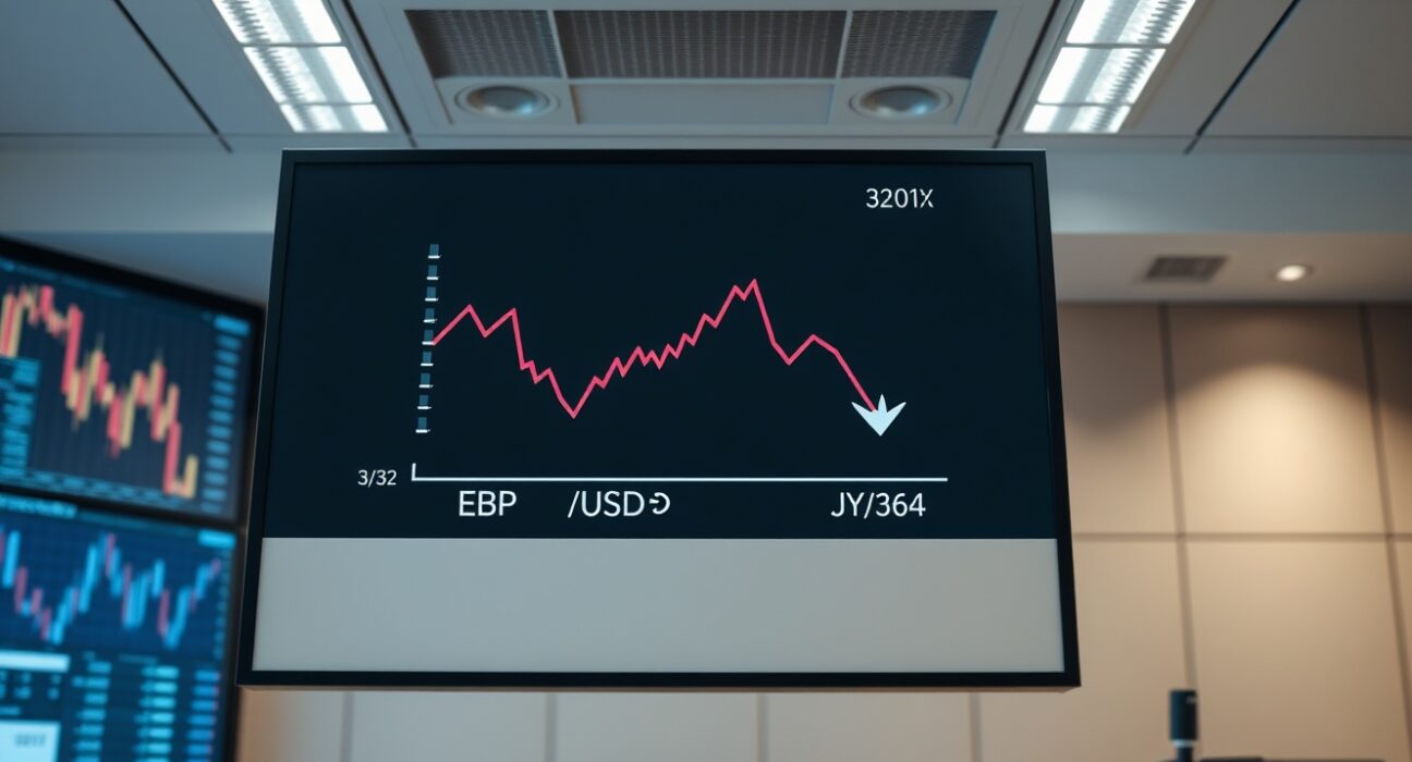 A digital trading screen showing a downward trend for GBP/USD and an upward arrow for JPY in a modern financial office.