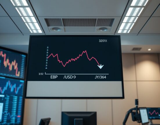 A digital trading screen showing a downward trend for GBP/USD and an upward arrow for JPY in a modern financial office.