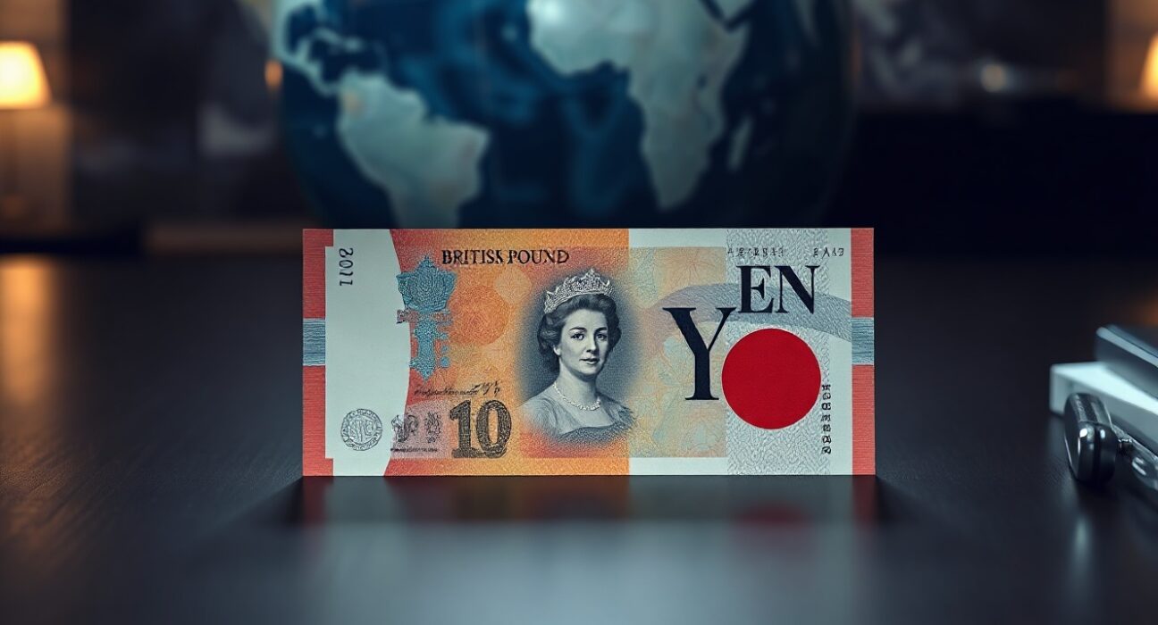 British Pound and Japanese Yen banknotes on desk, symbolizing GBP/JPY currency pair market analysis.