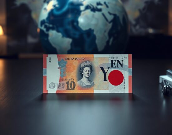 British Pound and Japanese Yen banknotes on desk, symbolizing GBP/JPY currency pair market analysis.