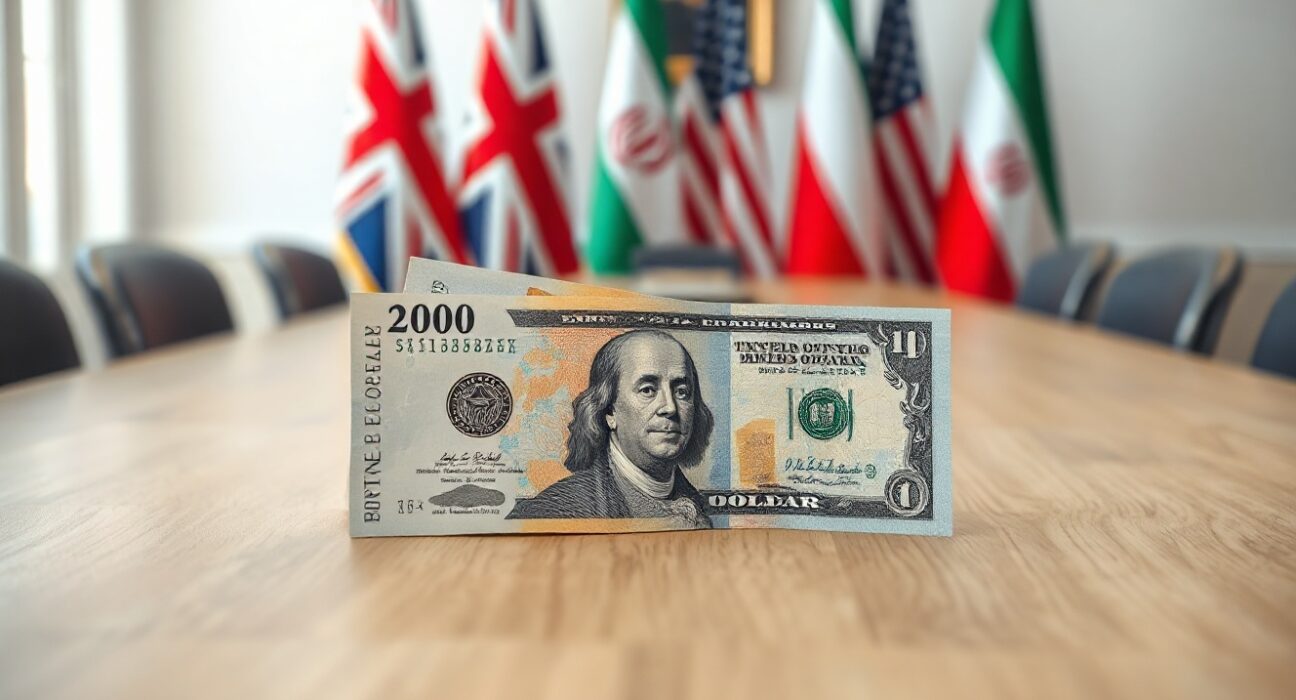 British pound and US dollar banknotes on a desk with blurred diplomatic meeting room in background