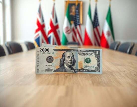 British pound and US dollar banknotes on a desk with blurred diplomatic meeting room in background