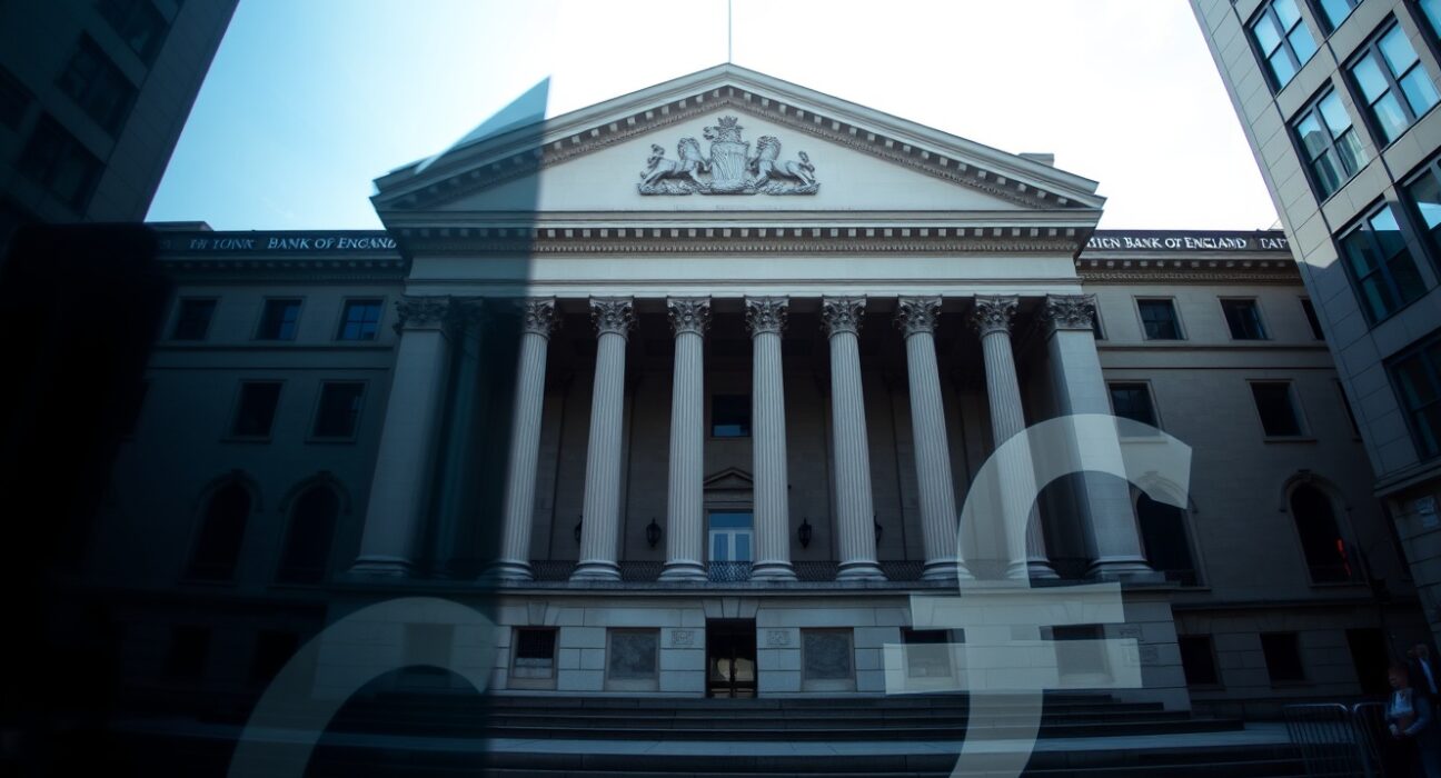 Bank of England building in London with British Pound symbol in foreground