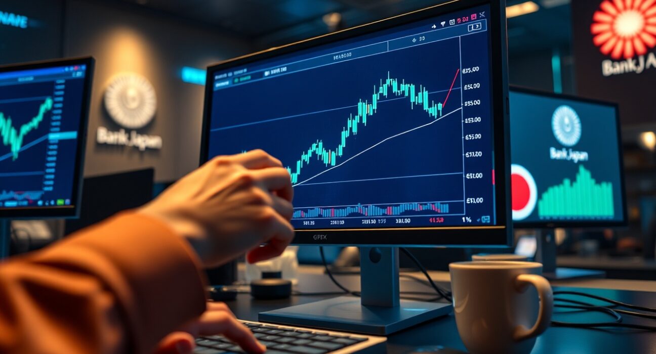 Forex trading desk with GBP/JPY chart showing British Pound rise against Japanese Yen
