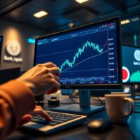 Forex trading desk with GBP/JPY chart showing British Pound rise against Japanese Yen
