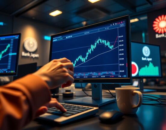 Forex trading desk with GBP/JPY chart showing British Pound rise against Japanese Yen