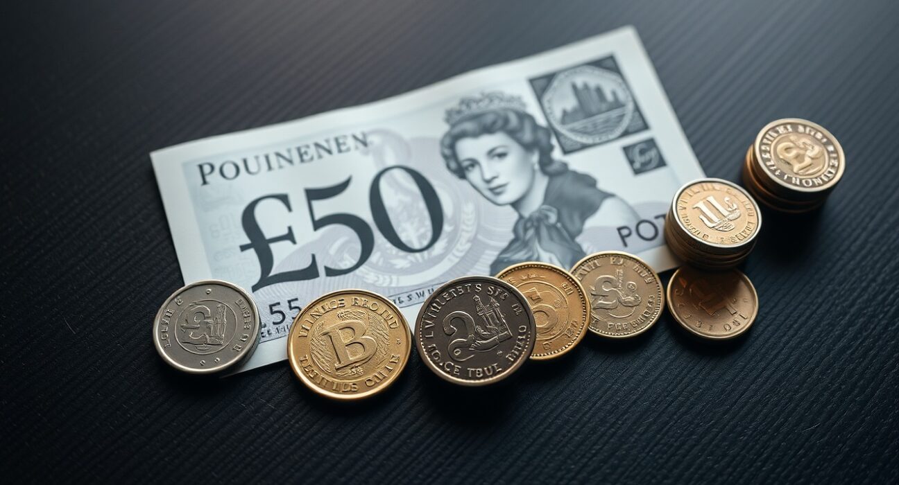 British Pound Sterling banknotes and coins on a dark wooden surface, representing currency markets and fiscal policy.