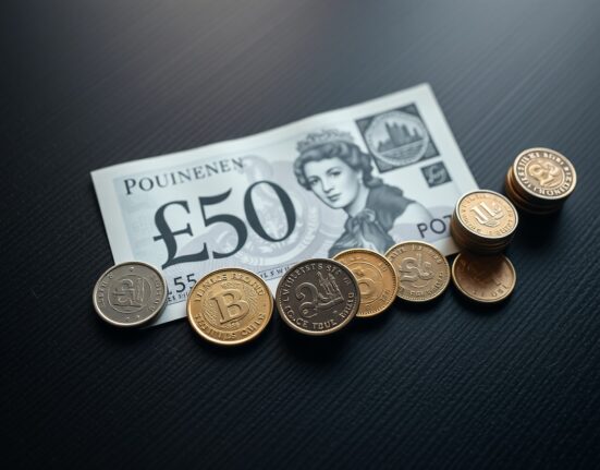 British Pound Sterling banknotes and coins on a dark wooden surface, representing currency markets and fiscal policy.