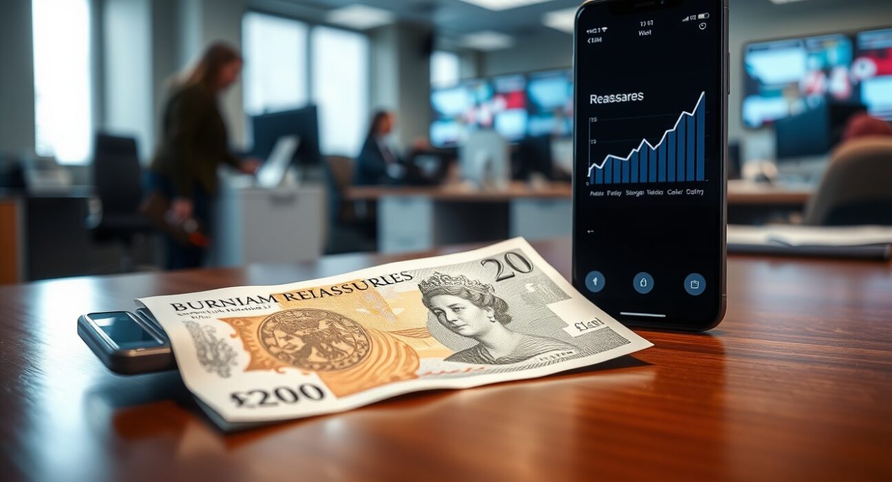 British Pound banknote on a desk next to a smartphone showing financial news and an upward trend graph.