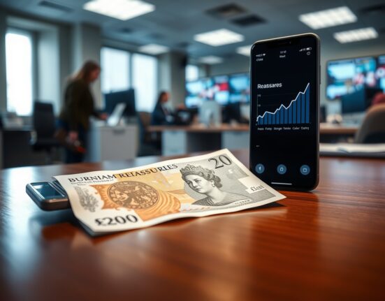 British Pound banknote on a desk next to a smartphone showing financial news and an upward trend graph.
