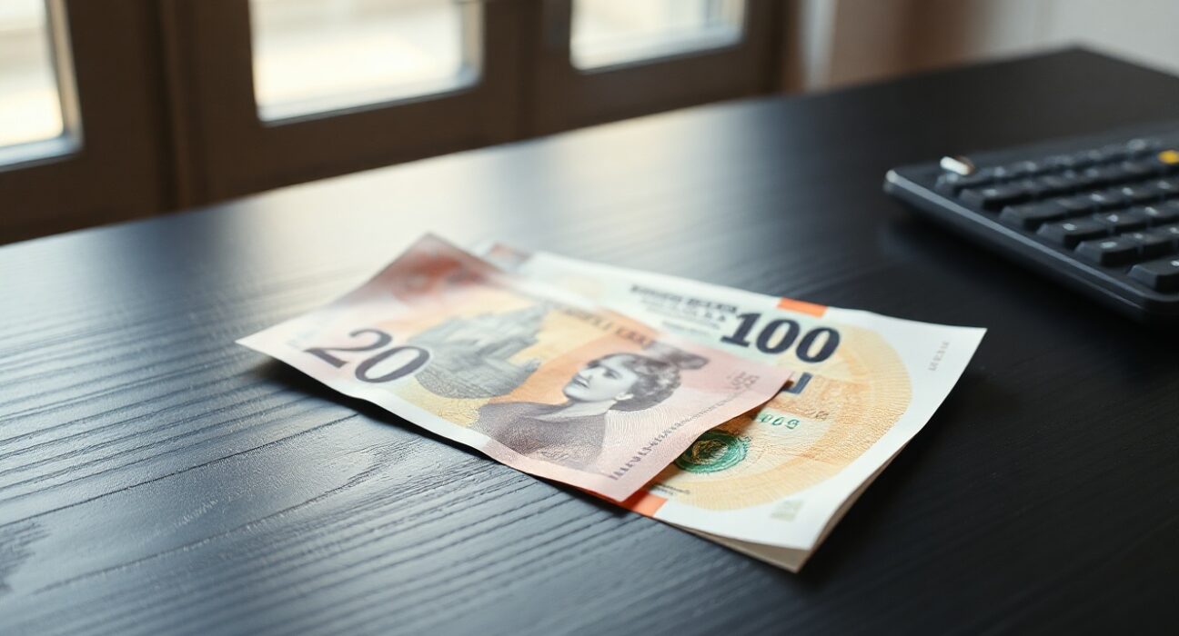 British Pound and US Dollar banknotes on a desk representing currency market fluctuations.