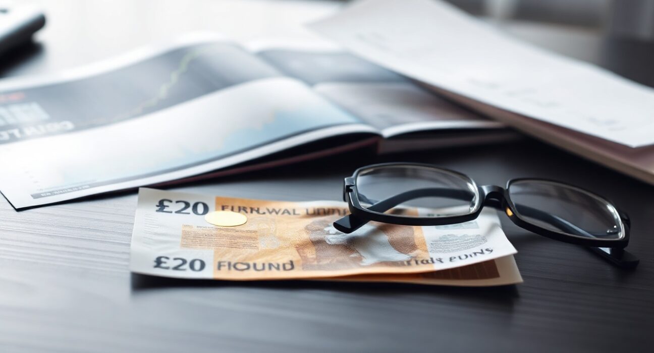 British Pound note and financial chart on desk, representing forex market and economic news.