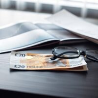 British Pound note and financial chart on desk, representing forex market and economic news.