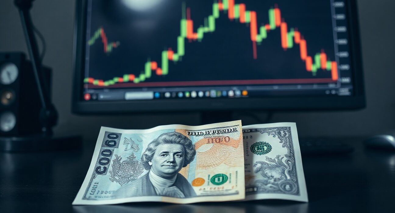 British Pound and US Dollar banknotes with a computer monitor showing GBP/USD chart in the background