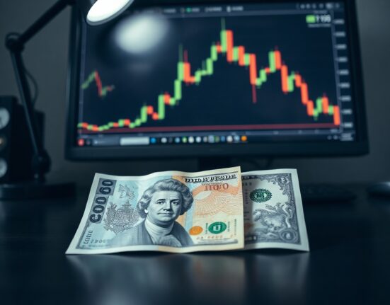 British Pound and US Dollar banknotes with a computer monitor showing GBP/USD chart in the background