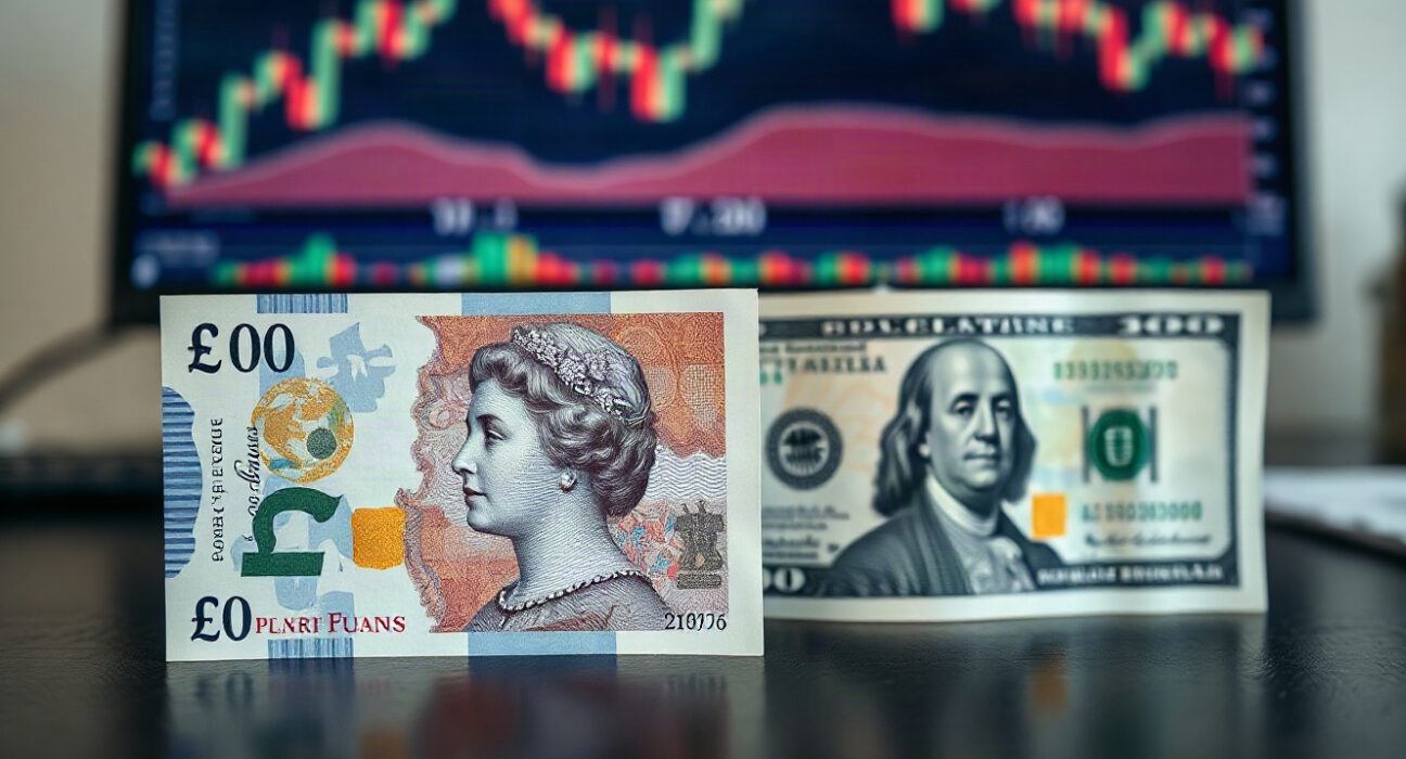 British pound banknotes and US dollar bills side by side on a desk, representing currency market movements.