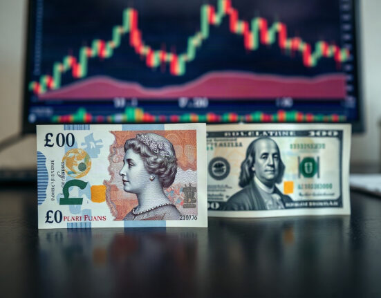 British pound banknotes and US dollar bills side by side on a desk, representing currency market movements.