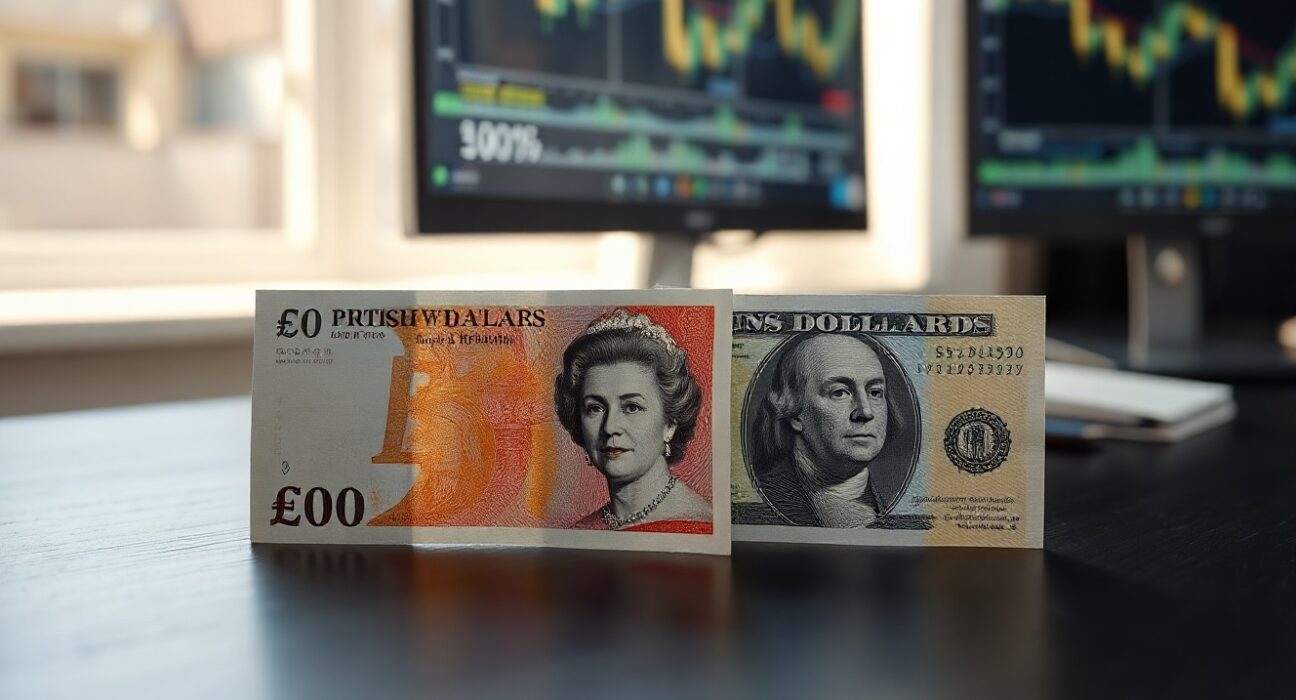 British Pound and US Dollar banknotes on a dark surface, representing currency market movement driven by geopolitical news.