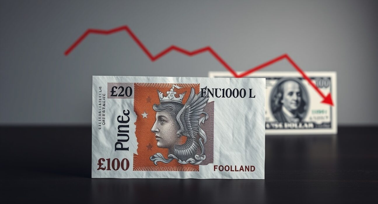 British Pound and US Dollar banknotes on a desk with a downward trend indicator, representing forex risk.