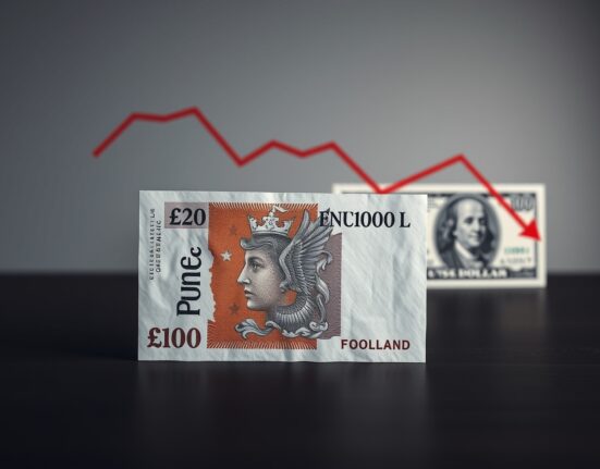 British Pound and US Dollar banknotes on a desk with a downward trend indicator, representing forex risk.