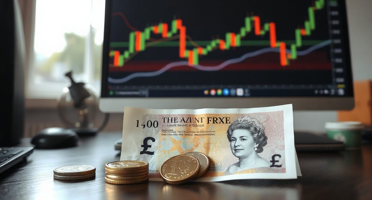 British pound notes and coins with a forex chart in the background, illustrating currency market analysis.